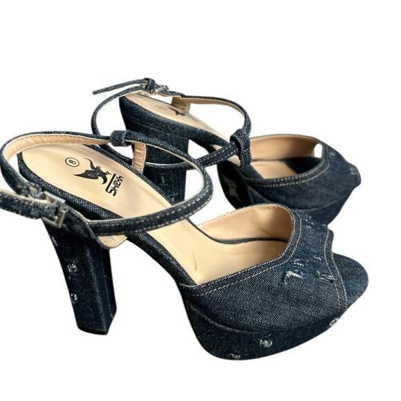 Shiekh Blue Distressed Denim Platform Sandals Block Heel NWOB Size 8 - Picture 3 of 7